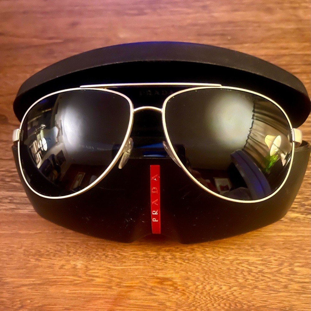 Prada Black and Silver Aviator Sunglasses